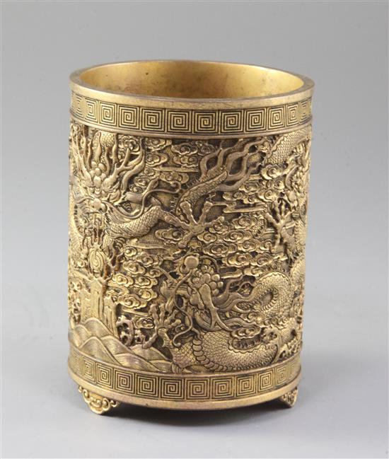 A Chinese gilt copper brush pot, Bitong, possibly Qing dynasty, 13.5cm